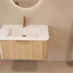 Rundes hängendes Badezimmermöbel 80 cm aus Natureiche mit Glattfront und mattweißem Solid-Surface-Waschtisch