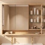 Spiegelschrank mit Regal, ausgestattet mit 2 Glasböden aus massiver Natureiche 120 cm.