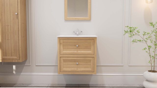 Modernes wandhängendes Badmöbel 70 cm aus Natureiche mit glatter Front und Keramikwaschtisch