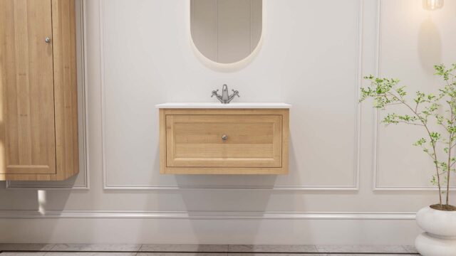 Modernes wandhängendes Badmöbel 80 cm aus Natureiche mit glatter Front und Keramikwaschtisch (schick)