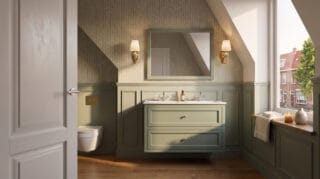 Landhaus-Badezimmermöbel 120 cm in Card Room Green mit Doppel-Keramikwaschtisch und 2 Schubladen