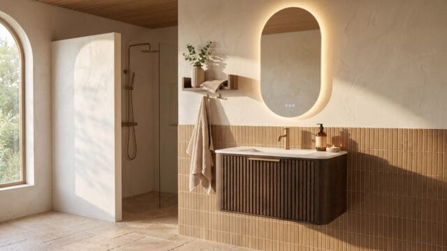Rundes hängendes Badezimmermöbel 80 cm aus Dunkeleiche mit Riffelfront und mattweißem Solid-Surface-Waschtisch