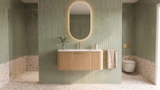 Rundes hängendes Badezimmermöbel 100 cm aus Natureiche mit Riffelfront und mattweißem Solid-Surface-Waschtisch