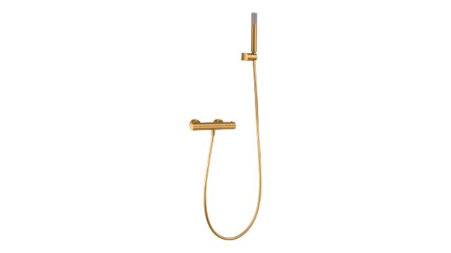 Thermostatische Duscharmatur in gebürstetem Gold mit langlebiger PVD-Beschichtung, geliefert als Komplettset mit Handbrause, 180 cm Brauseschlauch und Wandhalter. Aus der Riva Bella Serie, erhältlich in 6 Farben und mit 5 Jahren Garantie.