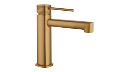 Waschtischarmatur niedrig in Gebürstetem Gold. Teil der Genève Serie, handwerklich aus einem Stück massivem Messing gefertigt, in 6 Farben erhältlich und mit 5 Jahren Garantie.