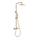 Thermostatisches Aufputz-Duschset in Gebürstetem Gold, geliefert als Komplettset mit Handbrause, Gleitstange und Brauseschlauch. Teil der Genève Serie aus massivem Messing, in 6 Farben erhältlich und mit 5 Jahren Garantie.