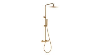 Thermostatisches Aufputz-Duschset in Gebürstetem Gold, geliefert als Komplettset mit Handbrause, Gleitstange und Brauseschlauch. Teil der Genève Serie aus massivem Messing, in 6 Farben erhältlich und mit 5 Jahren Garantie.