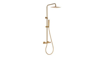 Thermostatisches Aufputz-Duschset in Gebürstetem Gold, geliefert als Komplettset mit Handbrause, Gleitstange und Brauseschlauch. Teil der Genève Serie aus massivem Messing, in 6 Farben erhältlich und mit 5 Jahren Garantie.