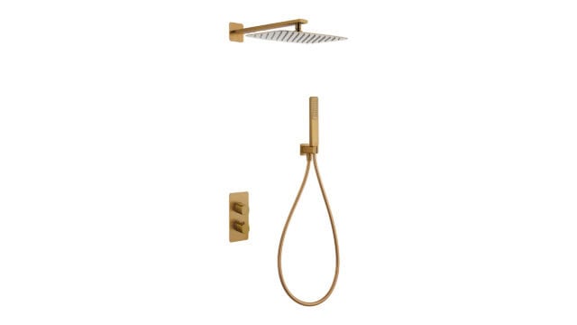 Thermostatisches Unterputz-Duschset in Gebürstetem Gold, geliefert als Komplettset mit Handbrause und Brauseschlauch, inklusive Unterputz-Einbaukörper. Wandanschluss. Teil der Genève Serie aus massivem Messing, in 6 Farben erhältlich und mit 5 Jahren Gara