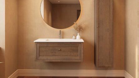 Wandhängendes Badezimmermöbel 100 cm aus dunkler Eiche mit eine Schublade und matt-weißer Mineralguss-Waschtisch
