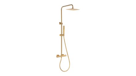Thermostatisches Aufputz-Duschset in Gebürstetem Gold, geliefert als Komplettset mit Handbrause, Gleitstange und Brauseschlauch. Teil der Lugano Serie aus massivem Messing, in 6 Farben erhältlich und mit 5 Jahren Garantie.