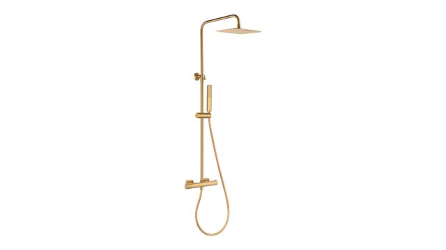 Thermostatisches Aufputz-Duschset in Gebürstetem Gold, geliefert als Komplettset mit Handbrause, Gleitstange und Brauseschlauch. Teil der Lugano Serie aus massivem Messing, in 6 Farben erhältlich und mit 5 Jahren Garantie.