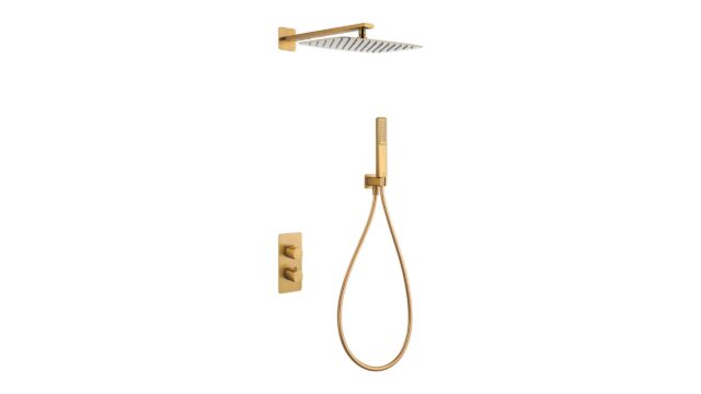 Thermostatisches Unterputz-Duschset in Gebürstetem Gold, geliefert als Komplettset mit Handbrause und Brauseschlauch, inklusive Unterputz-Einbaukörper. Wandanschluss. Teil der Lugano Serie aus massivem Messing, in 6 Farben erhältlich und mit 5 Jahren Gara