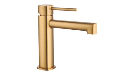 Waschtischarmatur niedrig in Gebürstetem Gold. Teil der Lugano Serie, handwerklich aus einem Stück massivem Messing gefertigt, in 6 Farben erhältlich und mit 5 Jahren Garantie.