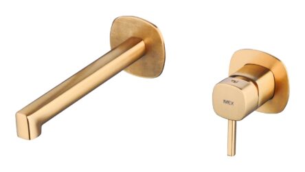 Unterputz Wand-Waschtischarmatur in Gebürstetem Gold, geliefert inklusive Unterputz-Einbaukörper. Teil der Lugano Serie, handwerklich aus einem Stück massivem Messing gefertigt, in 6 Farben erhältlich und mit 5 Jahren Garantie.