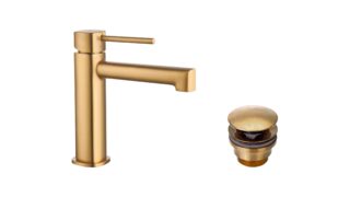 Waschtischarmatur niedrig in Gebürstetem Gold, als Komplettset inklusive passendem Click-Clack-Verschluss. Der Click-Clack-Verschluss lässt sich durch Drücken einfach öffnen und schließen. Teil der Lugano Serie, handwerklich aus einem Stück massivem Messi