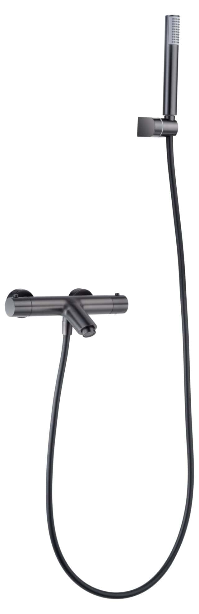 Moderne thermostatische Bad-/Duscharmatur in Black Gun Metal mit langlebiger PVD-Beschichtung. Geliefert als Komplettset mit Handbrause, Brauseschlauch und Wandhalter. Erhältlich in 6 Farben.