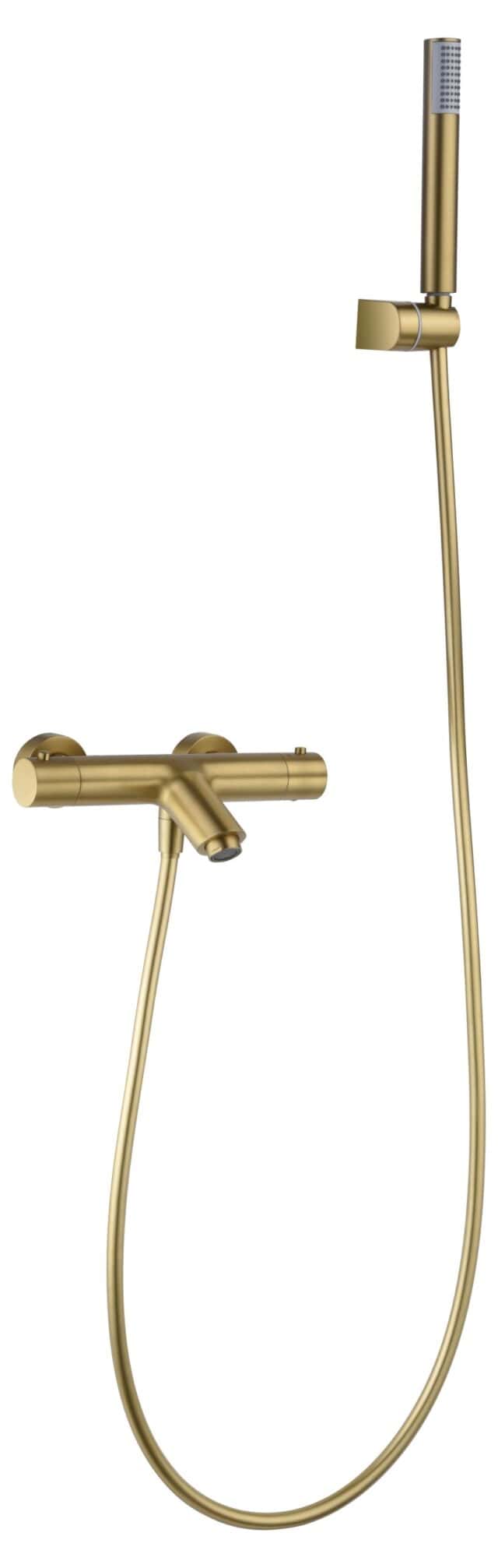 Luxuriöse thermostatische Bad-/Duscharmatur in gebürstetem Gold mit langlebiger PVD-Beschichtung. Geliefert als Komplettset mit Handbrause, Brauseschlauch und Wandhalter. Erhältlich in 6 Farben.