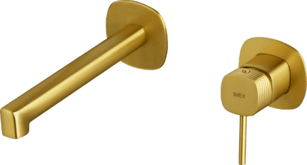 Unterputz Wand-Waschtischarmatur in Gebürstetem Gold, geliefert inklusive Unterputz-Einbaukörper. Teil der Genève Serie, handwerklich aus einem Stück massivem Messing gefertigt, in 6 Farben erhältlich und mit 5 Jahren Garantie.
