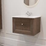 Modernes wandhängendes Badmöbel 60 cm aus dunkler Eiche mit glatter Front und Keramikwaschtisch (elegant)