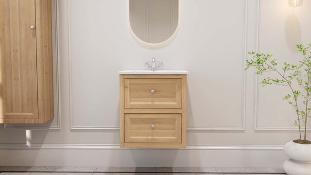Modernes wandhängendes Badmöbel 60 cm aus Natureiche mit glatter Front und Keramikwaschtisch