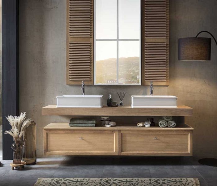 Badmöbelset aus Holz, verbindet natürliche Ästhetik mit zeitloser Eleganz für das Badezimmer.